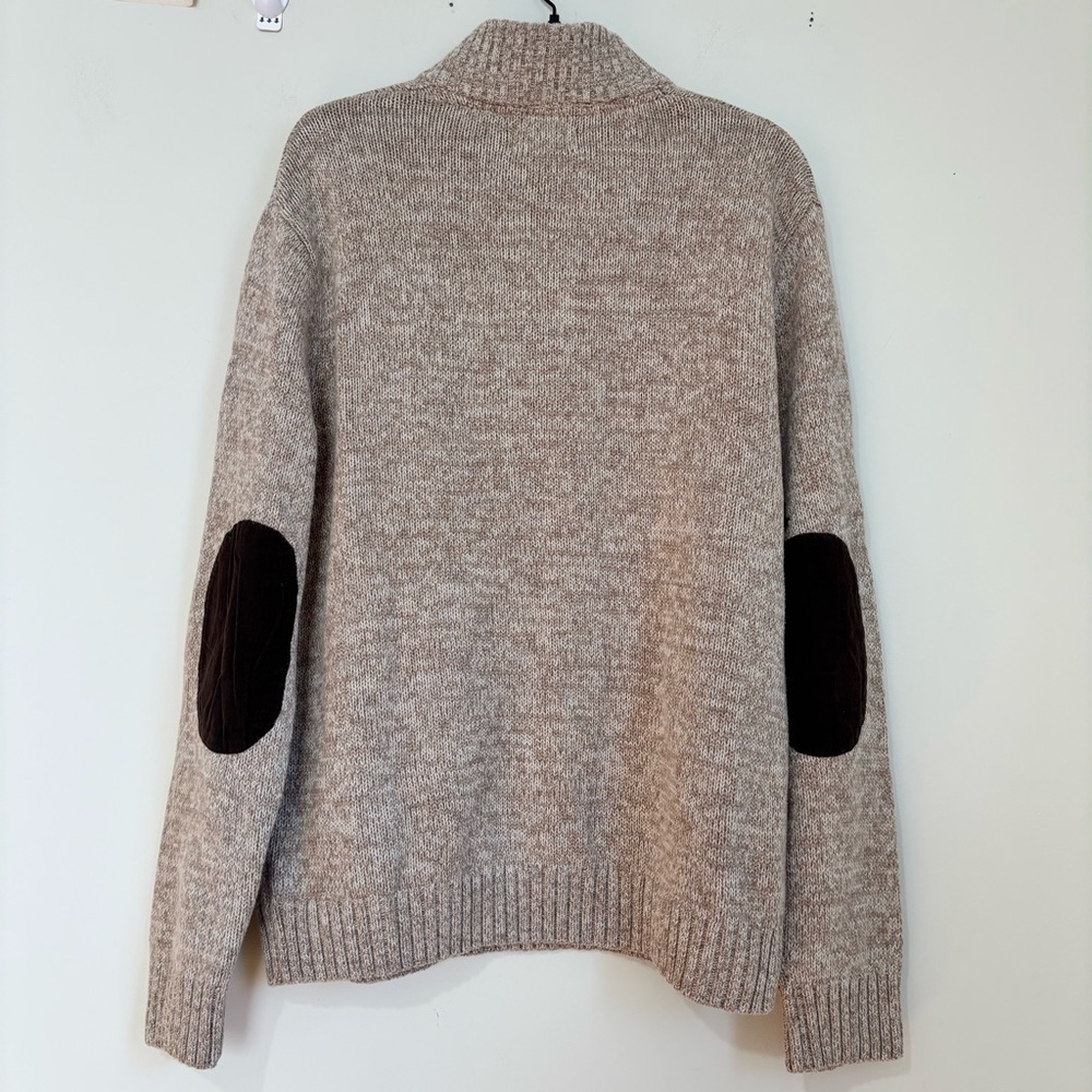 Chaps Men Beige Brown Quarter Button Long Sleeve Elbow Patch Cotton Knit sweater - Picture 3 of 16